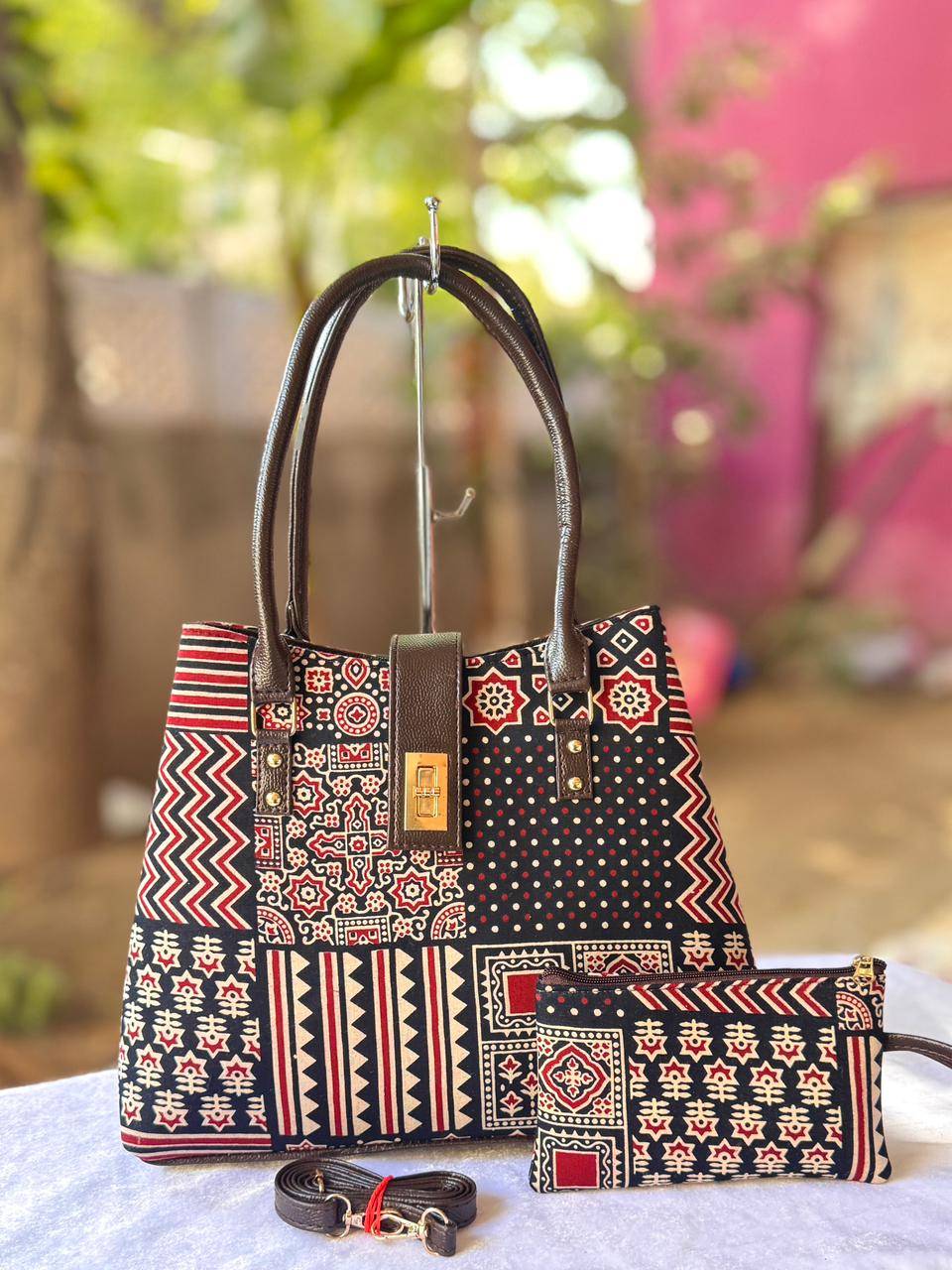 Teddy Tote Bag with Ikkat Prints Double Partition Tote Bag